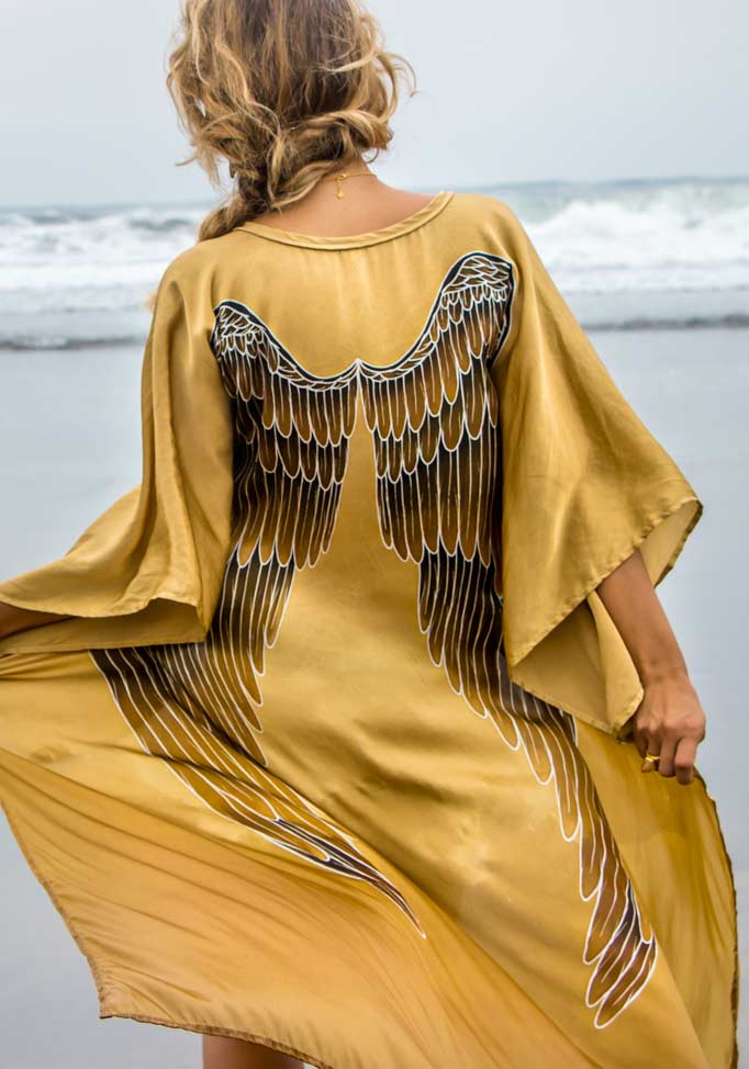 Short Long Silk Angel Kaftan | Golden Goddess w/ Caramel Wings Nomad Chic Short Long Silk Angel Kaftan | Golden Goddess w/ Caramel Wings Nomad Chic